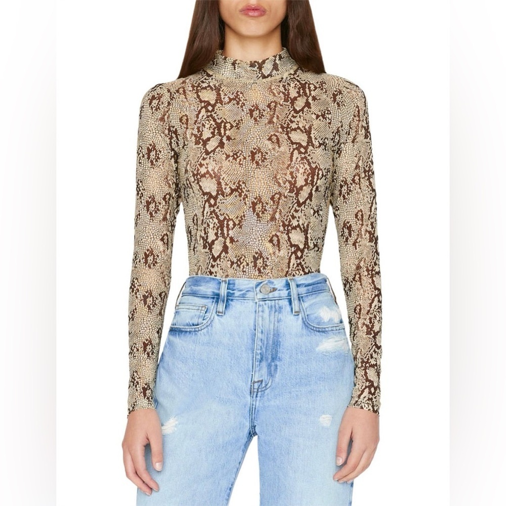 NWT FRAME DENIM SNAKESKIN Print Mesh Mock Neck Long Sleeve Top Size XS
